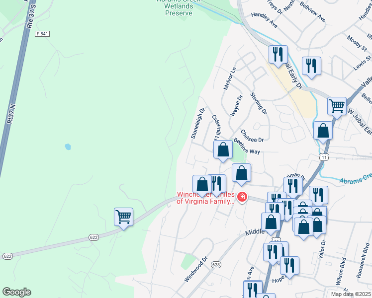 map of restaurants, bars, coffee shops, grocery stores, and more near 2119 Stoneleigh Drive in Winchester