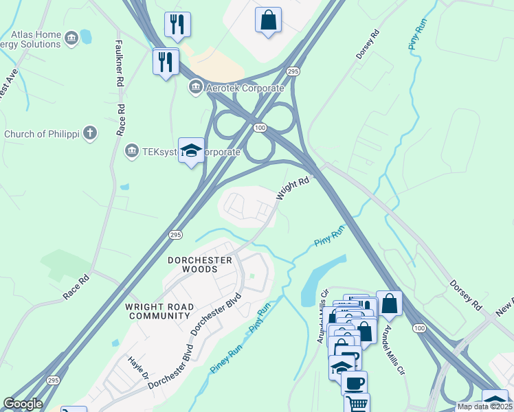 map of restaurants, bars, coffee shops, grocery stores, and more near 7106 River Birch Drive in Severn