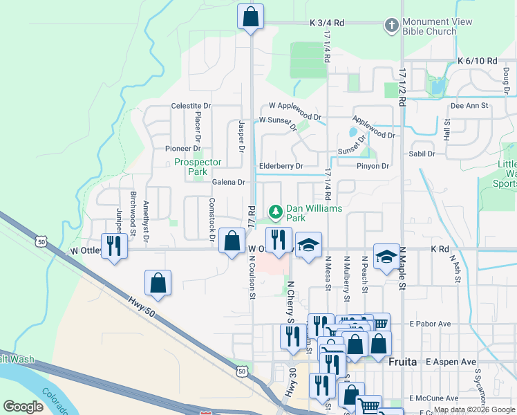 map of restaurants, bars, coffee shops, grocery stores, and more near 525 North Oak Street in Fruita