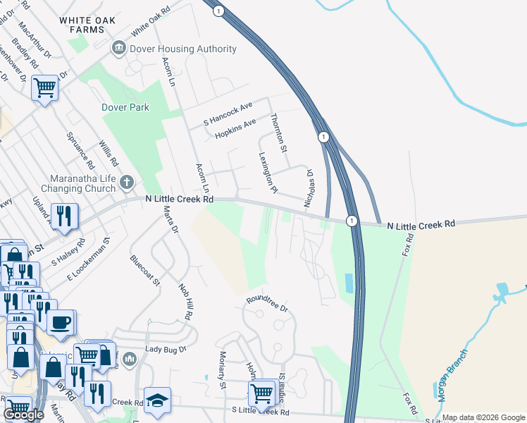 map of restaurants, bars, coffee shops, grocery stores, and more near 1492 North Little Creek Road in Dover
