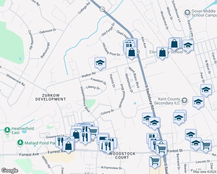 map of restaurants, bars, coffee shops, grocery stores, and more near 22 Patriot Drive in Dover