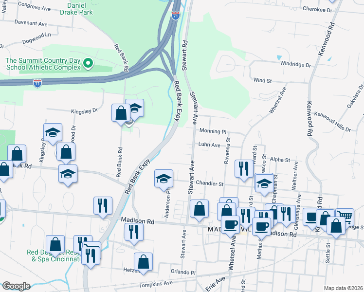 map of restaurants, bars, coffee shops, grocery stores, and more near 5425 Stewart Avenue in Cincinnati