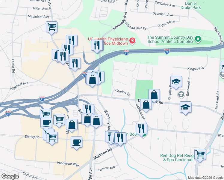 map of restaurants, bars, coffee shops, grocery stores, and more near 5261 Charloe Court in Cincinnati