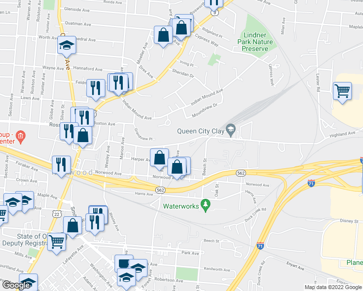 map of restaurants, bars, coffee shops, grocery stores, and more near 2512 Highland Avenue in Norwood