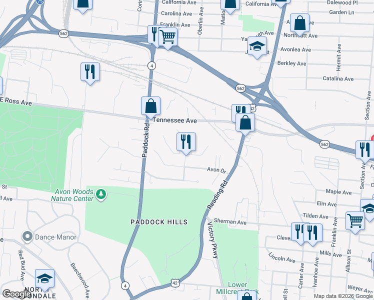 map of restaurants, bars, coffee shops, grocery stores, and more near 4510 Bristol Lane in Cincinnati