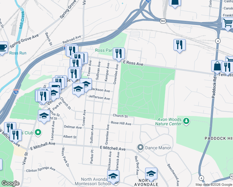 map of restaurants, bars, coffee shops, grocery stores, and more near 4702 Greenlee Avenue in Cincinnati