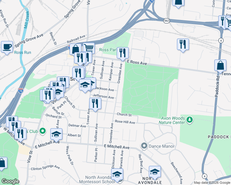 map of restaurants, bars, coffee shops, grocery stores, and more near 407 Jackson Avenue in Cincinnati