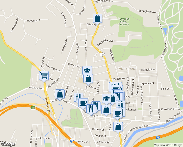 map of restaurants, bars, coffee shops, grocery stores, and more near 4342 Pitts Avenue in Cincinnati