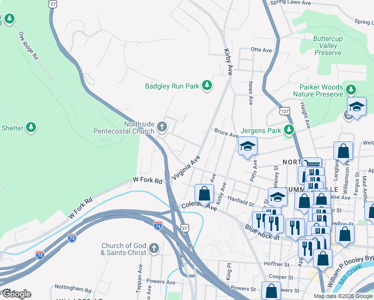 map of restaurants, bars, coffee shops, grocery stores, and more near 1917 Washburn Street in Cincinnati
