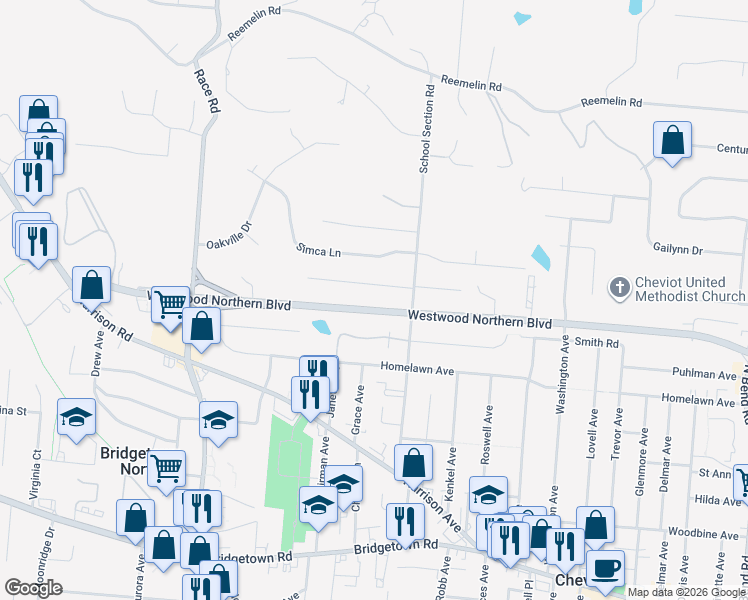 map of restaurants, bars, coffee shops, grocery stores, and more near 4255 Turf Lane in Cincinnati