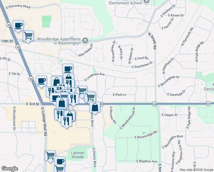 map of restaurants, bars, coffee shops, grocery stores, and more near 102-198 N Lexington Dr in Bloomington