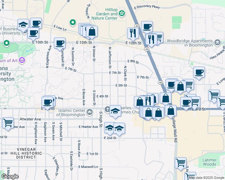 map of restaurants, bars, coffee shops, grocery stores, and more near 2222 East 5th Street in Bloomington