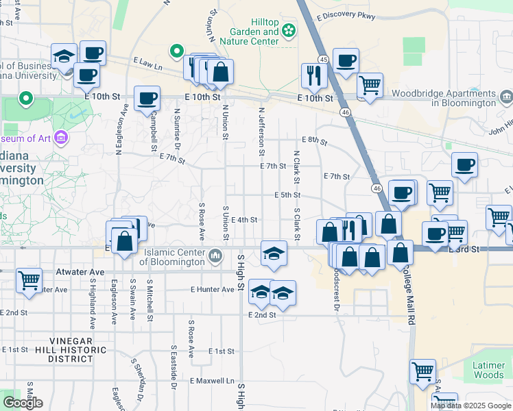 map of restaurants, bars, coffee shops, grocery stores, and more near 105 South Bryan Avenue in Bloomington