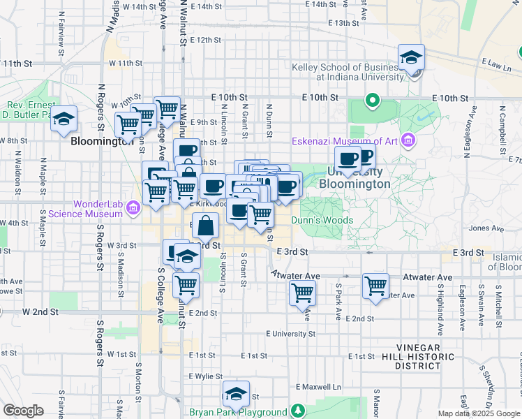 map of restaurants, bars, coffee shops, grocery stores, and more near 420 East Kirkwood Avenue in Bloomington