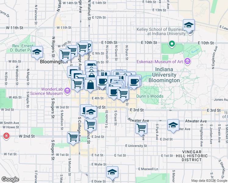 map of restaurants, bars, coffee shops, grocery stores, and more near 300 East Kirkwood Avenue in Bloomington