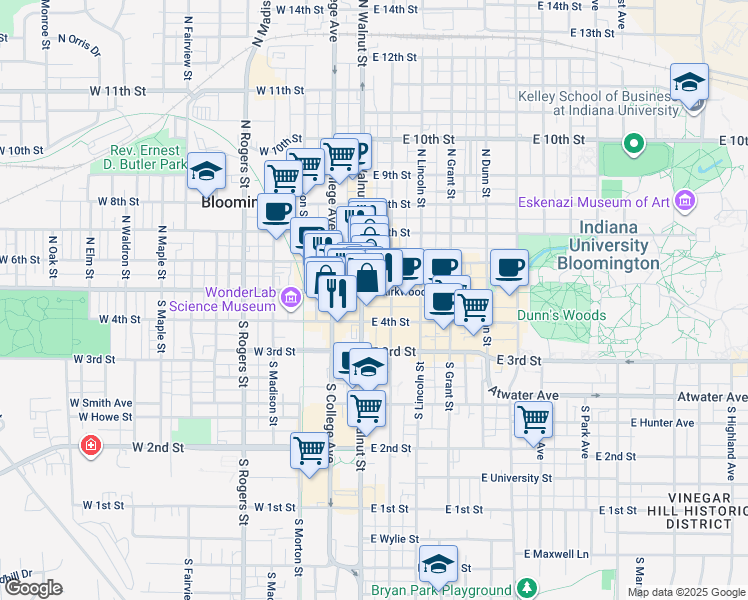 map of restaurants, bars, coffee shops, grocery stores, and more near in Bloomington