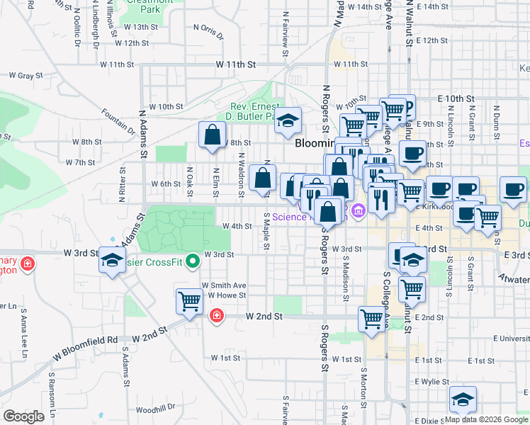 map of restaurants, bars, coffee shops, grocery stores, and more near 803 West Kirkwood Avenue in Bloomington