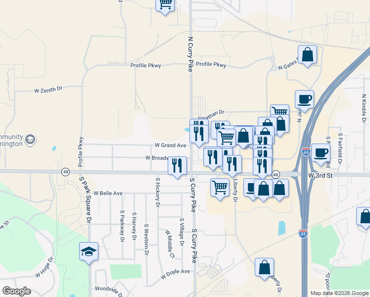 map of restaurants, bars, coffee shops, grocery stores, and more near 101 South Curry Pike in Bloomington