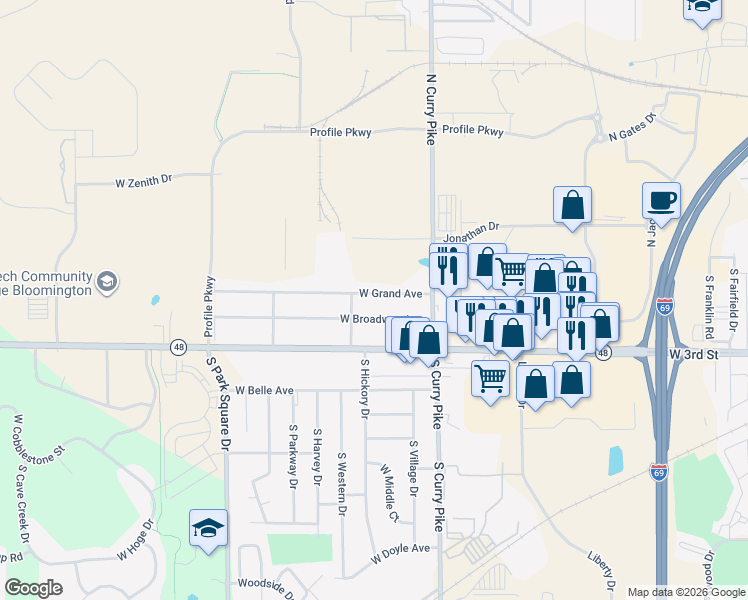 map of restaurants, bars, coffee shops, grocery stores, and more near 4001-4099 W Grand Ave in Bloomington