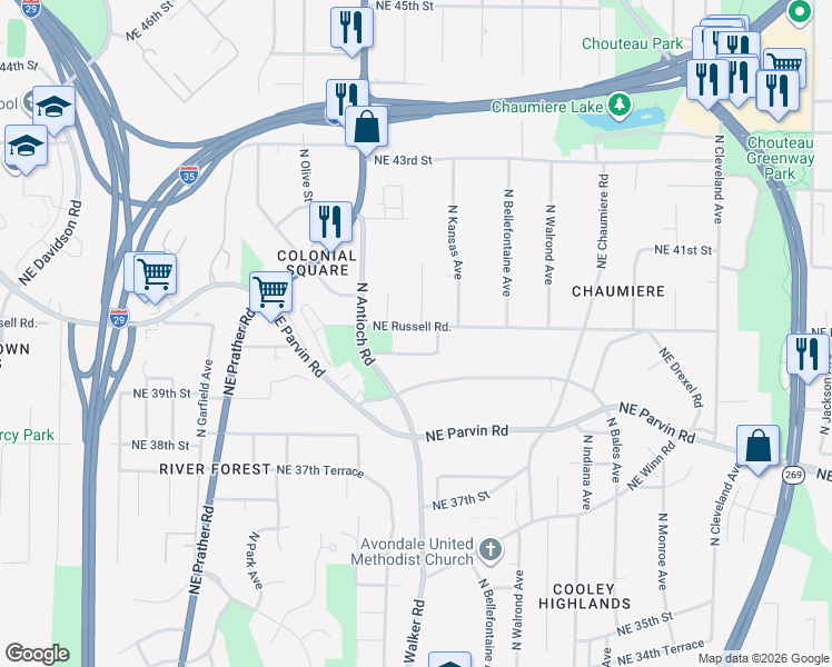 map of restaurants, bars, coffee shops, grocery stores, and more near 2811 Northeast Russell Road in Kansas City
