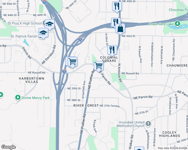 map of restaurants, bars, coffee shops, grocery stores, and more near 3948 North Prather Road in Kansas City