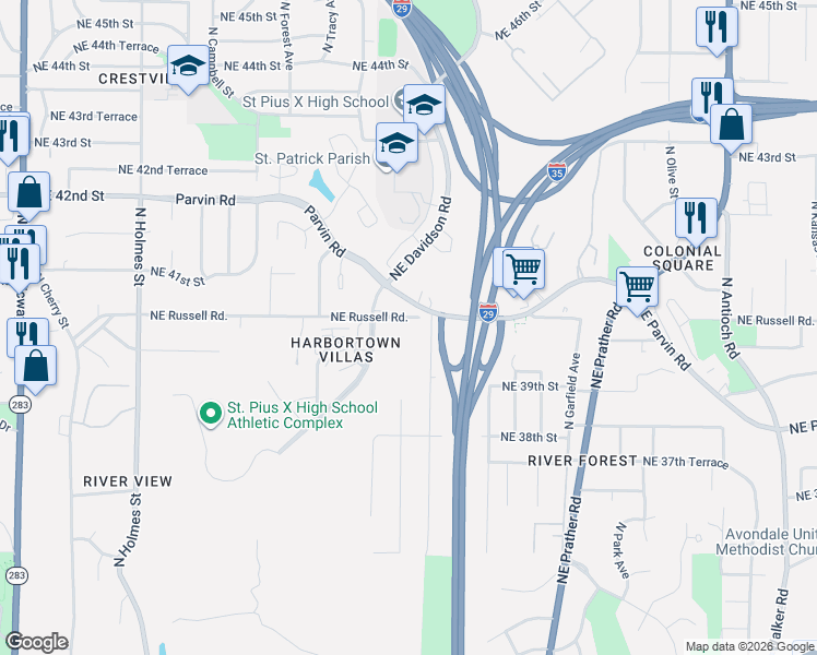 map of restaurants, bars, coffee shops, grocery stores, and more near 1411 Northeast Russell Road in Kansas City