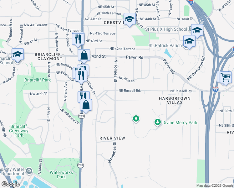 map of restaurants, bars, coffee shops, grocery stores, and more near 3963 North Holmes Street in Kansas City