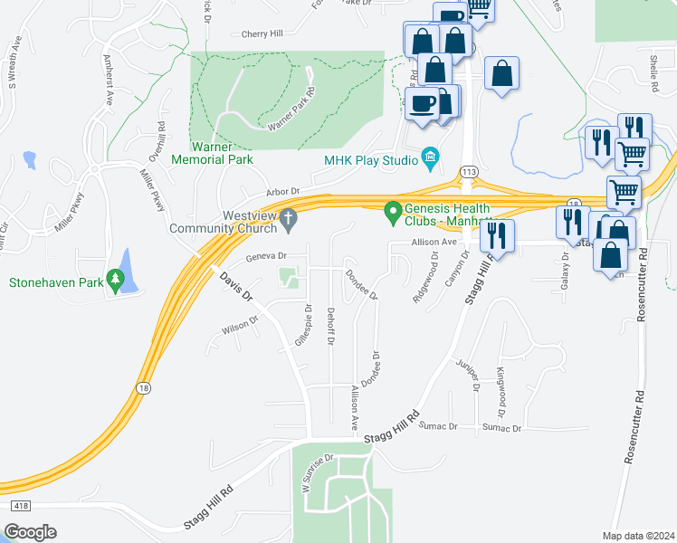 map of restaurants, bars, coffee shops, grocery stores, and more near 723 Dehoff Drive in Manhattan