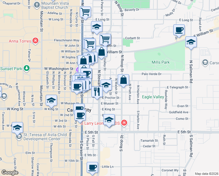 map of restaurants, bars, coffee shops, grocery stores, and more near 514 East Spear Street in Carson City