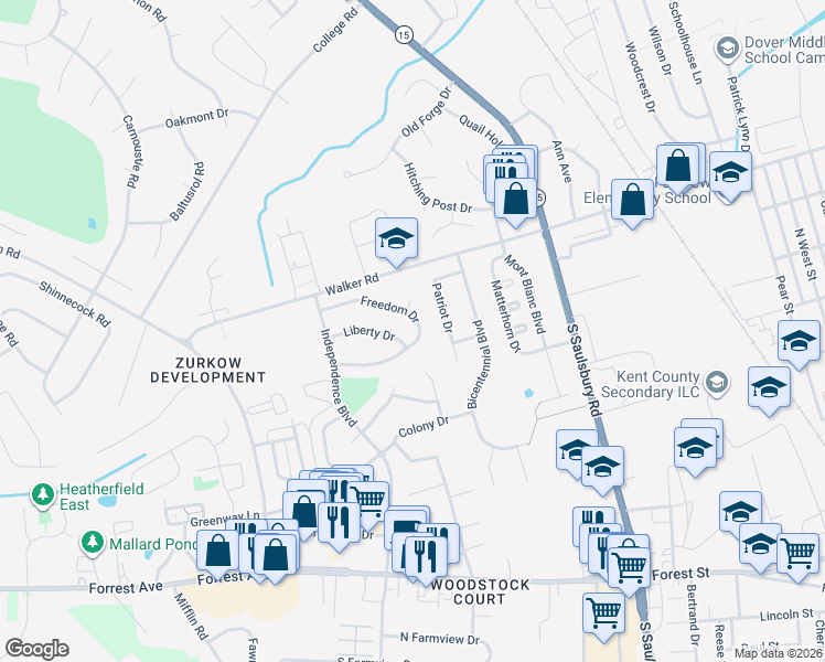 map of restaurants, bars, coffee shops, grocery stores, and more near 30 Freedom Drive in Dover