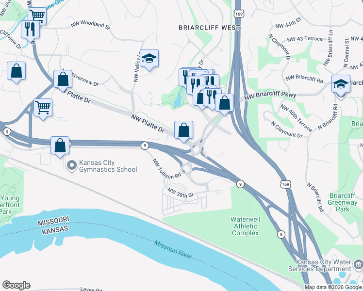 map of restaurants, bars, coffee shops, grocery stores, and more near Northwest Gateway Road in Kansas City