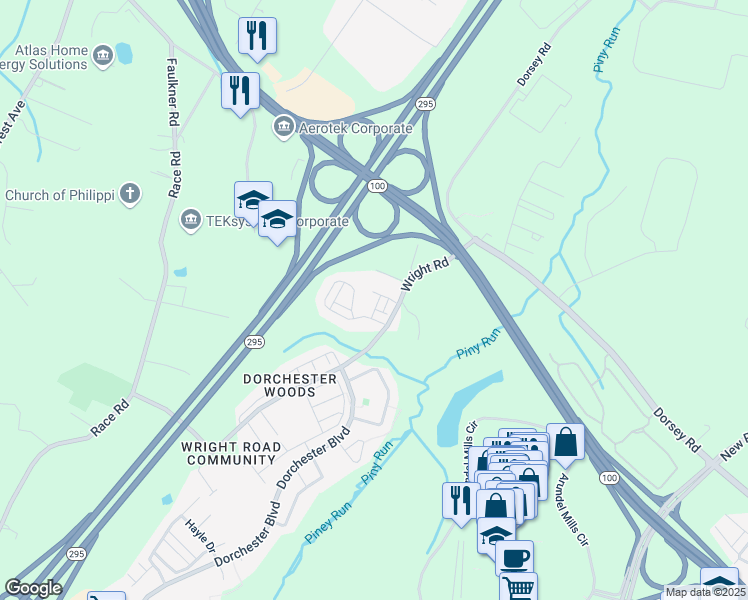 map of restaurants, bars, coffee shops, grocery stores, and more near 7106 River Birch Drive in Severn
