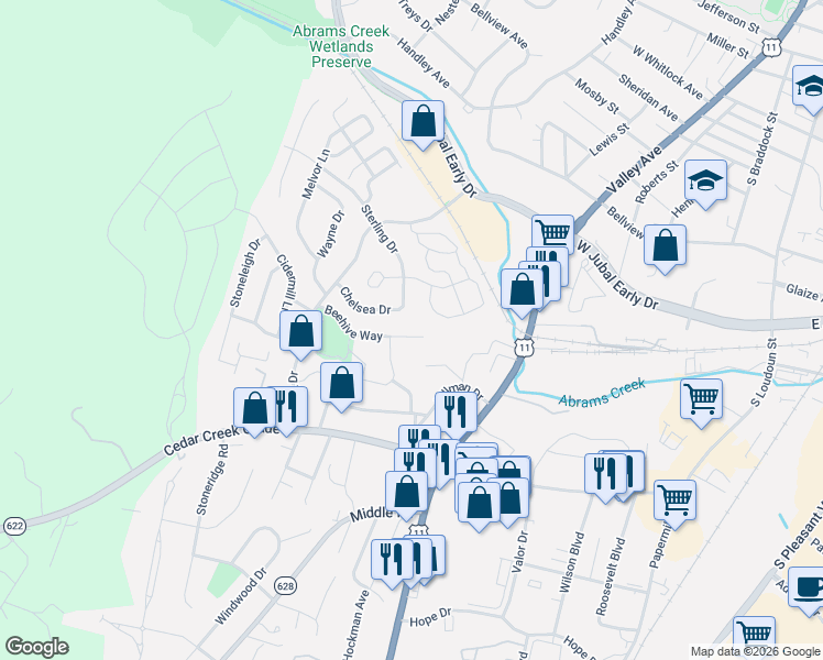 map of restaurants, bars, coffee shops, grocery stores, and more near 660 Beehive Way in Winchester