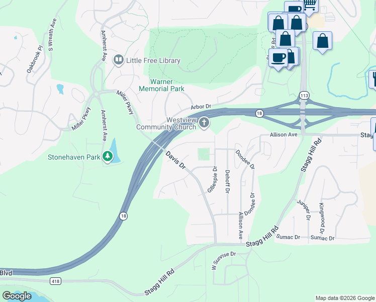 map of restaurants, bars, coffee shops, grocery stores, and more near 3025 Geneva Drive in Manhattan