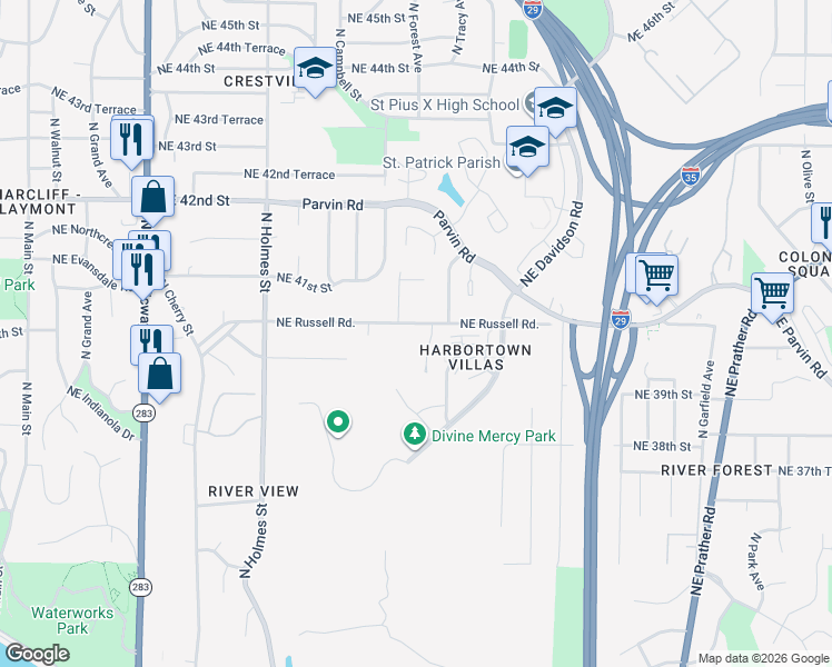 map of restaurants, bars, coffee shops, grocery stores, and more near 1133 Northeast Russell Road in Kansas City