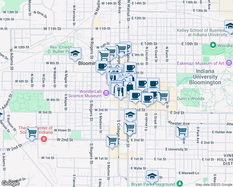 map of restaurants, bars, coffee shops, grocery stores, and more near 122 South College Avenue in Bloomington