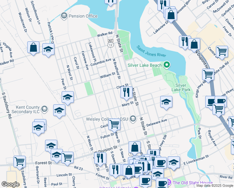 map of restaurants, bars, coffee shops, grocery stores, and more near 343 North Governors Avenue in Dover