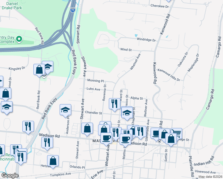 map of restaurants, bars, coffee shops, grocery stores, and more near 5427 Whetsel Avenue in Cincinnati