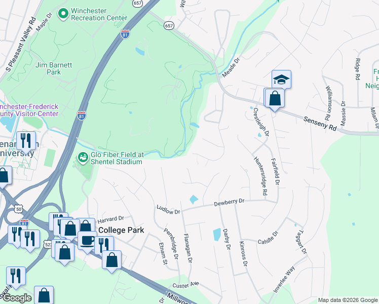 map of restaurants, bars, coffee shops, grocery stores, and more near 136 Oak Ridge Lane in Winchester