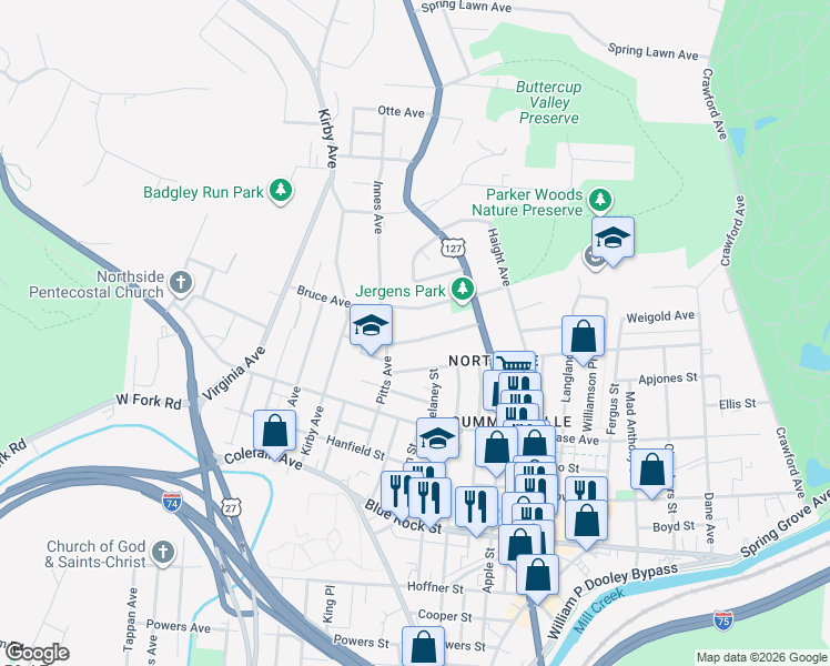 map of restaurants, bars, coffee shops, grocery stores, and more near 4342 Pitts Avenue in Cincinnati