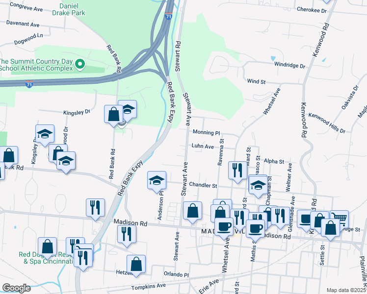 map of restaurants, bars, coffee shops, grocery stores, and more near 5425 Stewart Avenue in Cincinnati