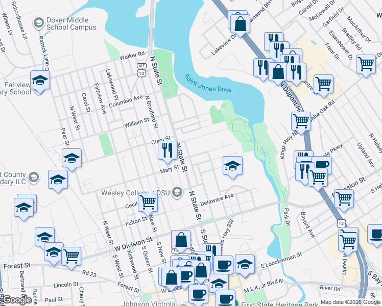 map of restaurants, bars, coffee shops, grocery stores, and more near 21 Hazel Road in Dover