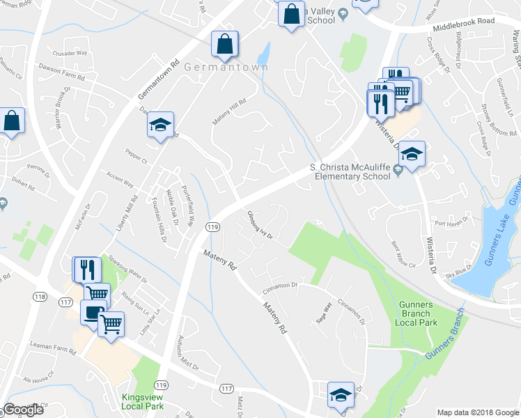 map of restaurants, bars, coffee shops, grocery stores, and more near 13011 Robins Nest Terrace in Germantown