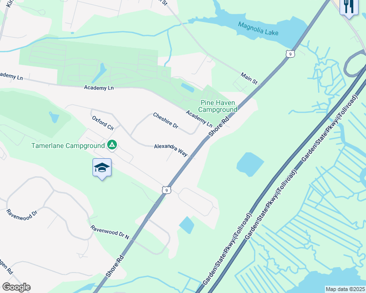 map of restaurants, bars, coffee shops, grocery stores, and more near 8 Alexandria Way in Cape May County