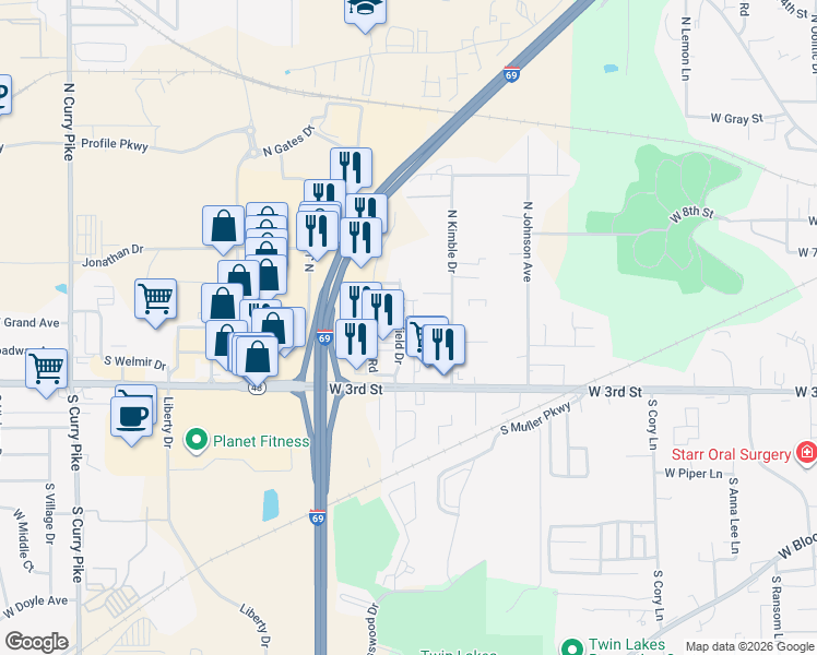 map of restaurants, bars, coffee shops, grocery stores, and more near 114 South Yancy Lane in Bloomington