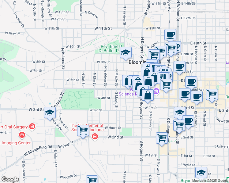 map of restaurants, bars, coffee shops, grocery stores, and more near 803 West Kirkwood Avenue in Bloomington