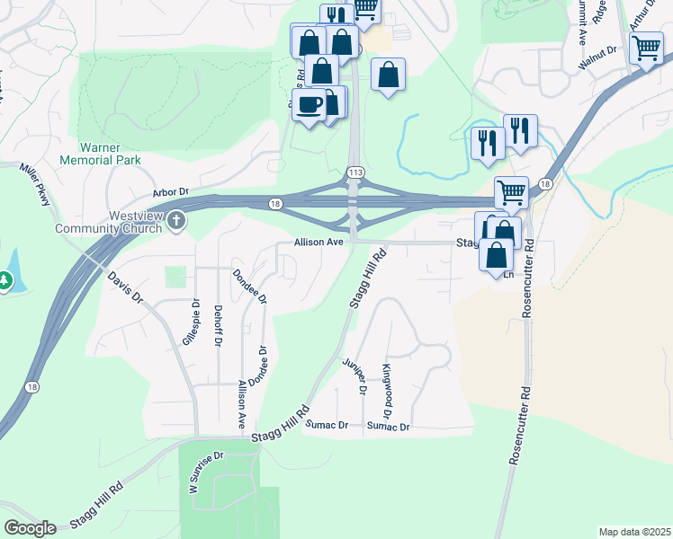 map of restaurants, bars, coffee shops, grocery stores, and more near 713 Canyon Drive in Manhattan