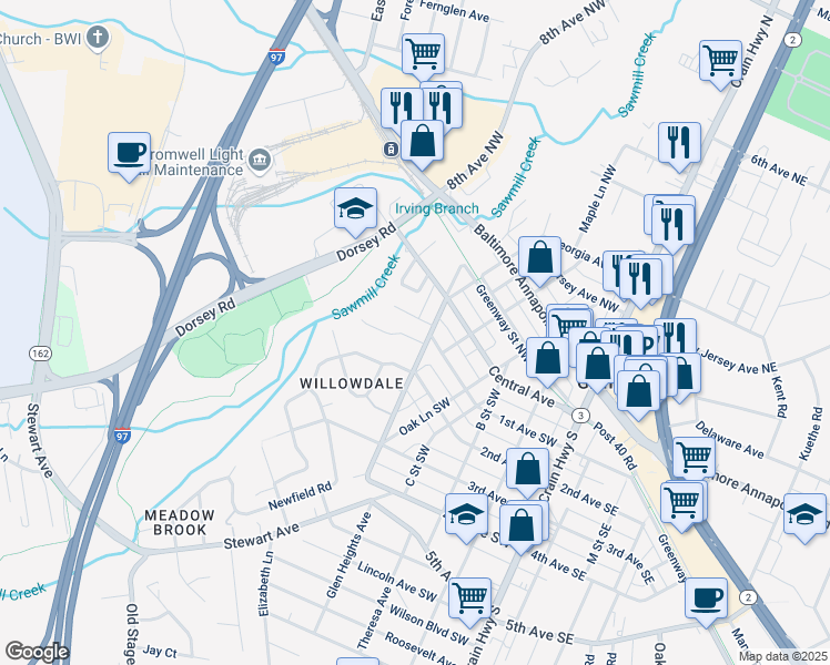 map of restaurants, bars, coffee shops, grocery stores, and more near 402 Joyce Drive in Glen Burnie