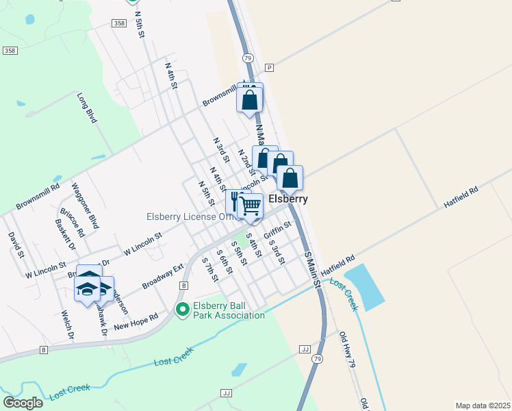 map of restaurants, bars, coffee shops, grocery stores, and more near 110 North 3rd Street in Elsberry