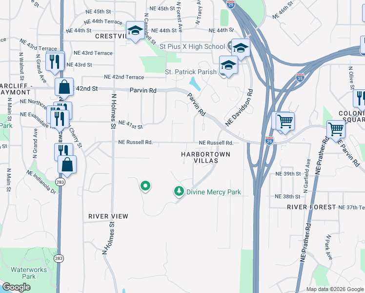 map of restaurants, bars, coffee shops, grocery stores, and more near 1133 Northeast Russell Road in Kansas City